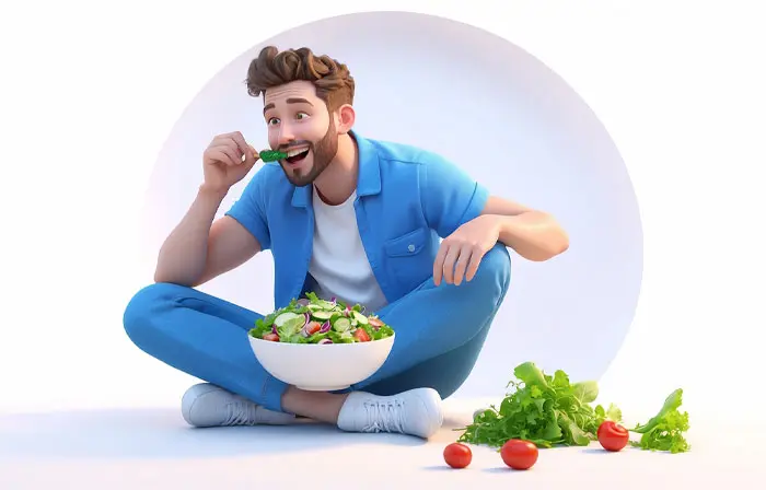 Eating Salad Scene with Man Cartoon 3D Image Illustration